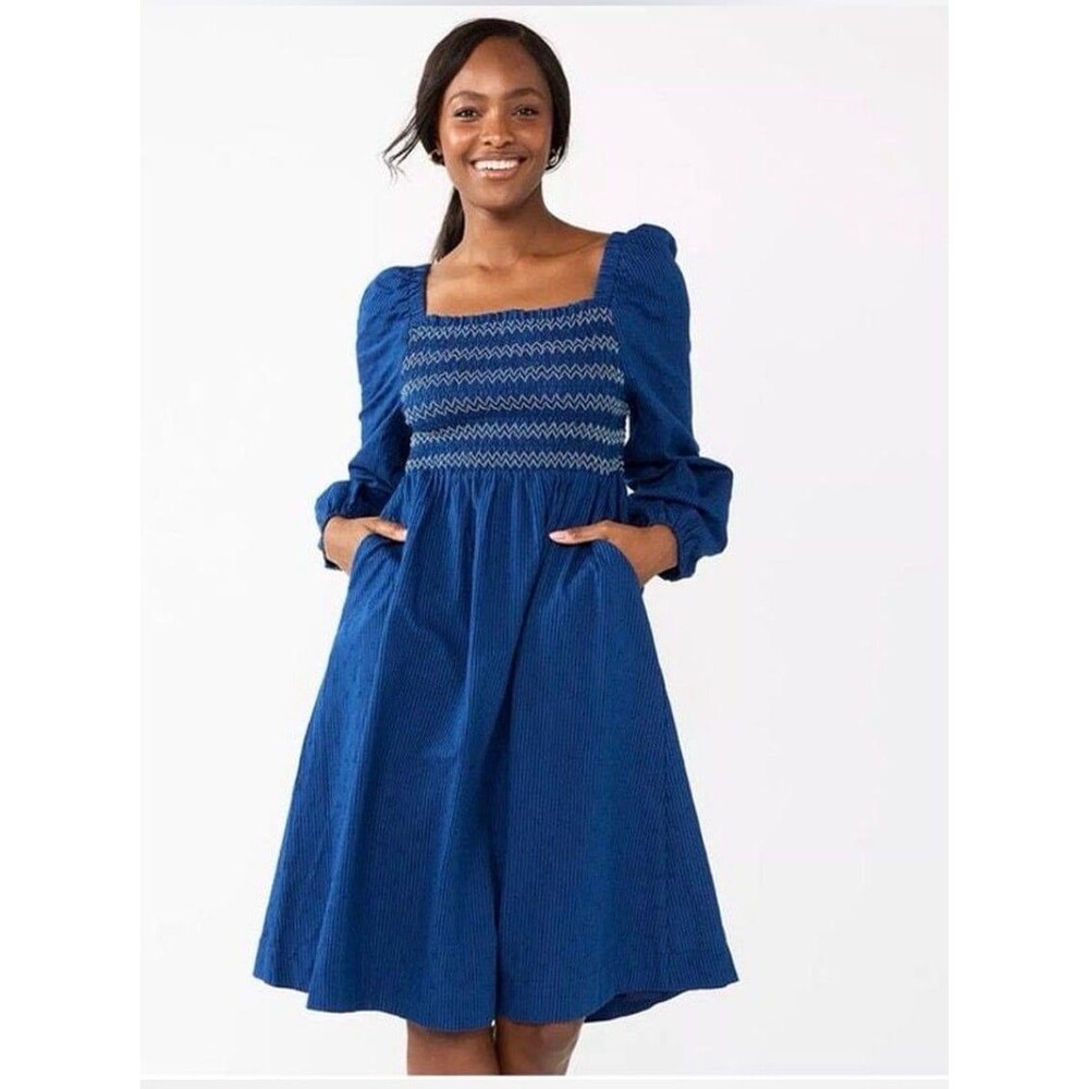 Draper James RSVP Puff Sleeve Smocked Square Neck MIDI Dress Sz. Medium Blue